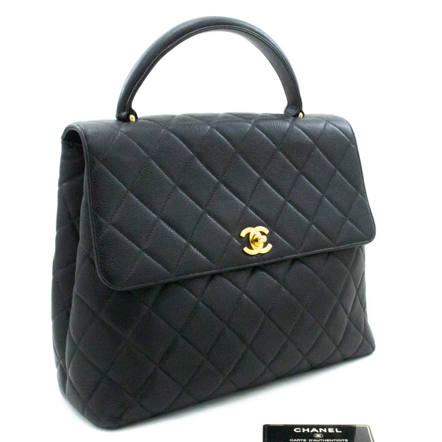 CHANEL Caviar Handbag Top Handle Bag Kelly Black Flap Leather Gold k55