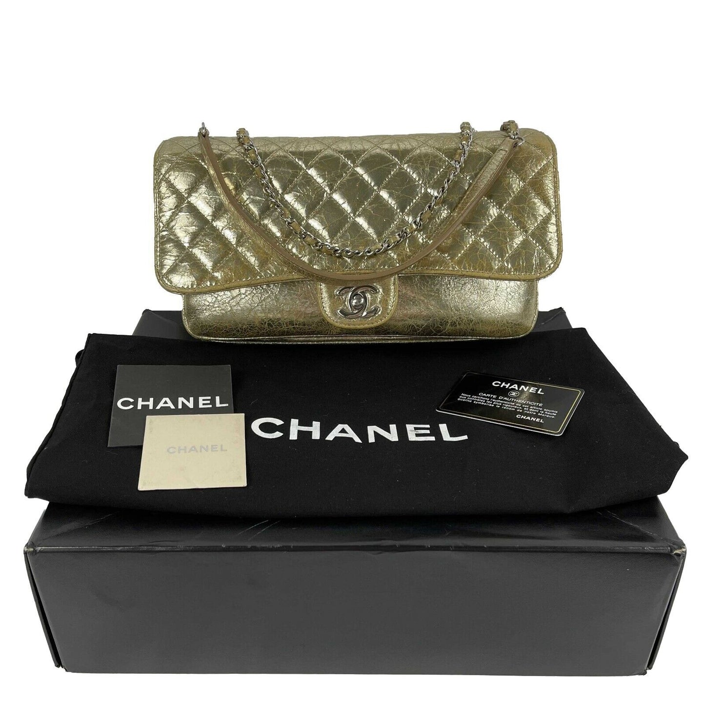 CHANEL Quilted Distressed Glazed Gold Leather Accordion Flap Shoulder Bag Medium