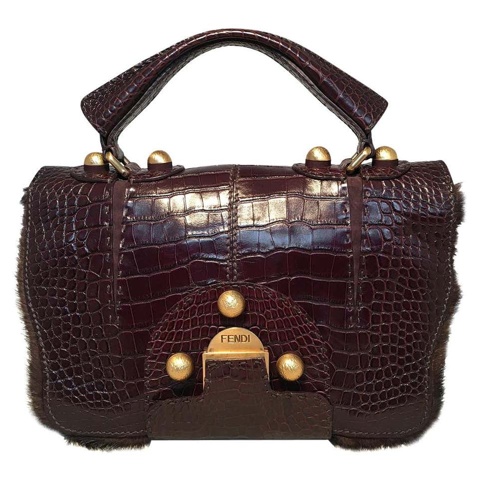 Rare Limited Edition Fendi Brown Alligator and Mink Fur Satchel Handbag