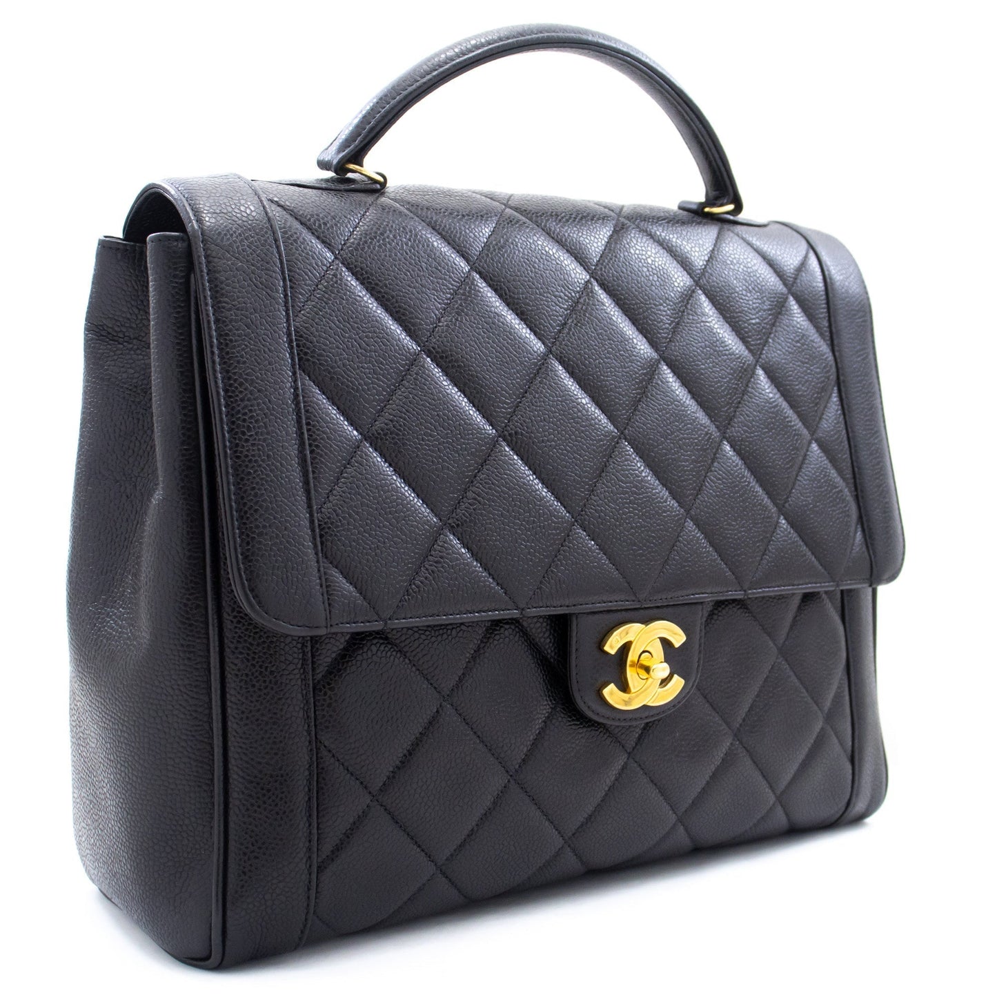 CHANEL Caviar Handbag Top Handle Bag Kelly Black Flap Leather Gold k75