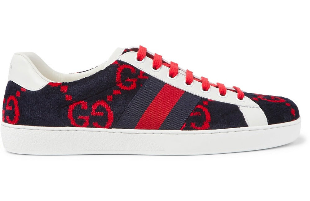 Gucci Navy Ace Leather Trimmed Logo Terry Sneakers