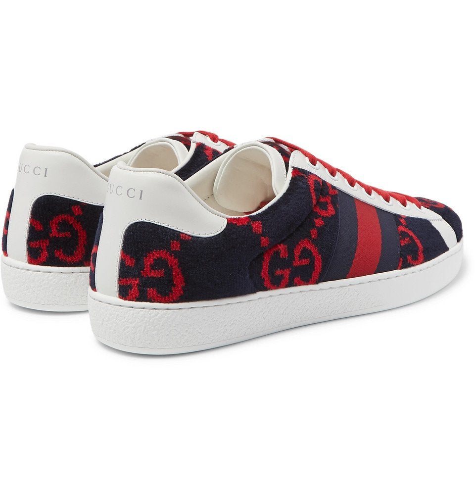 Gucci Navy Ace Leather Trimmed Logo Terry Sneakers