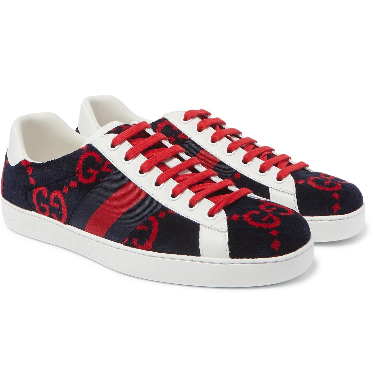 Gucci Navy Ace Leather Trimmed Logo Terry Sneakers