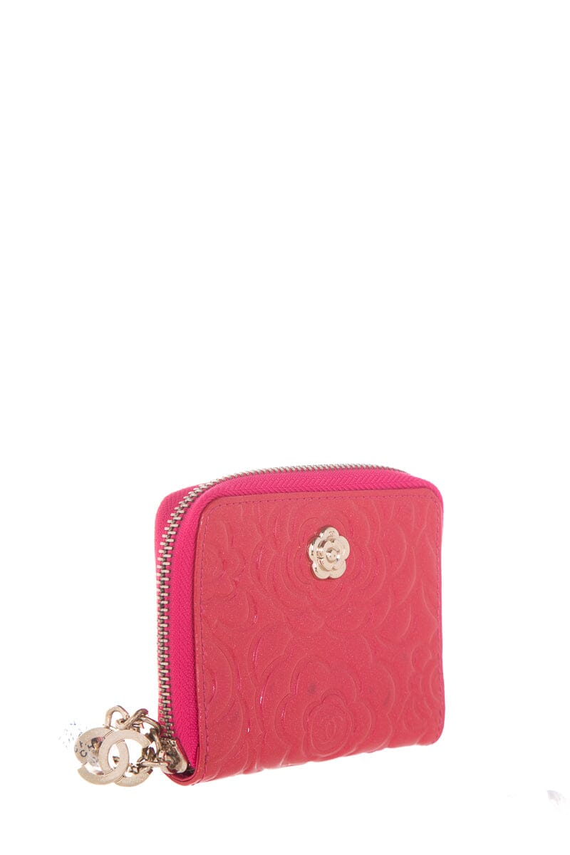 Chanel Pink Camellia Embossed Patent Leather Wallet