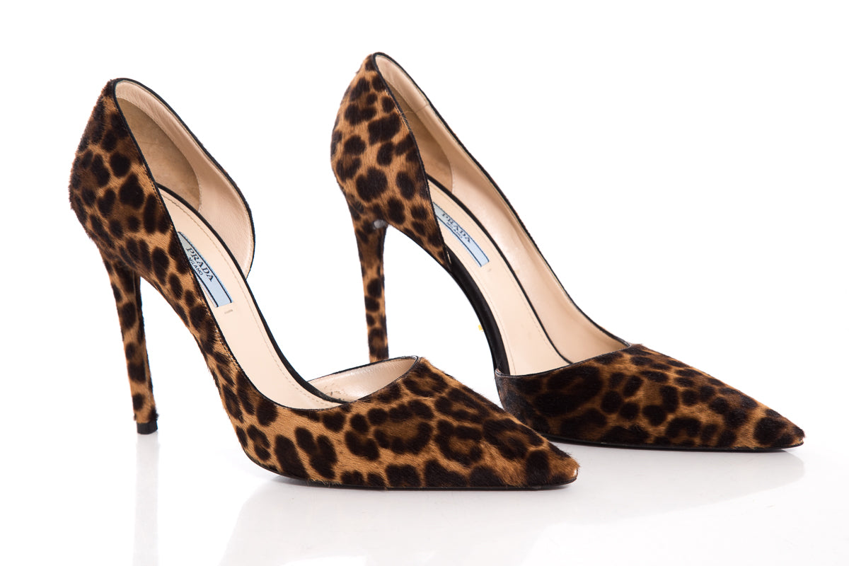 Prada Leopard Pony Hair Pointed Toe Heels SZ 39.5