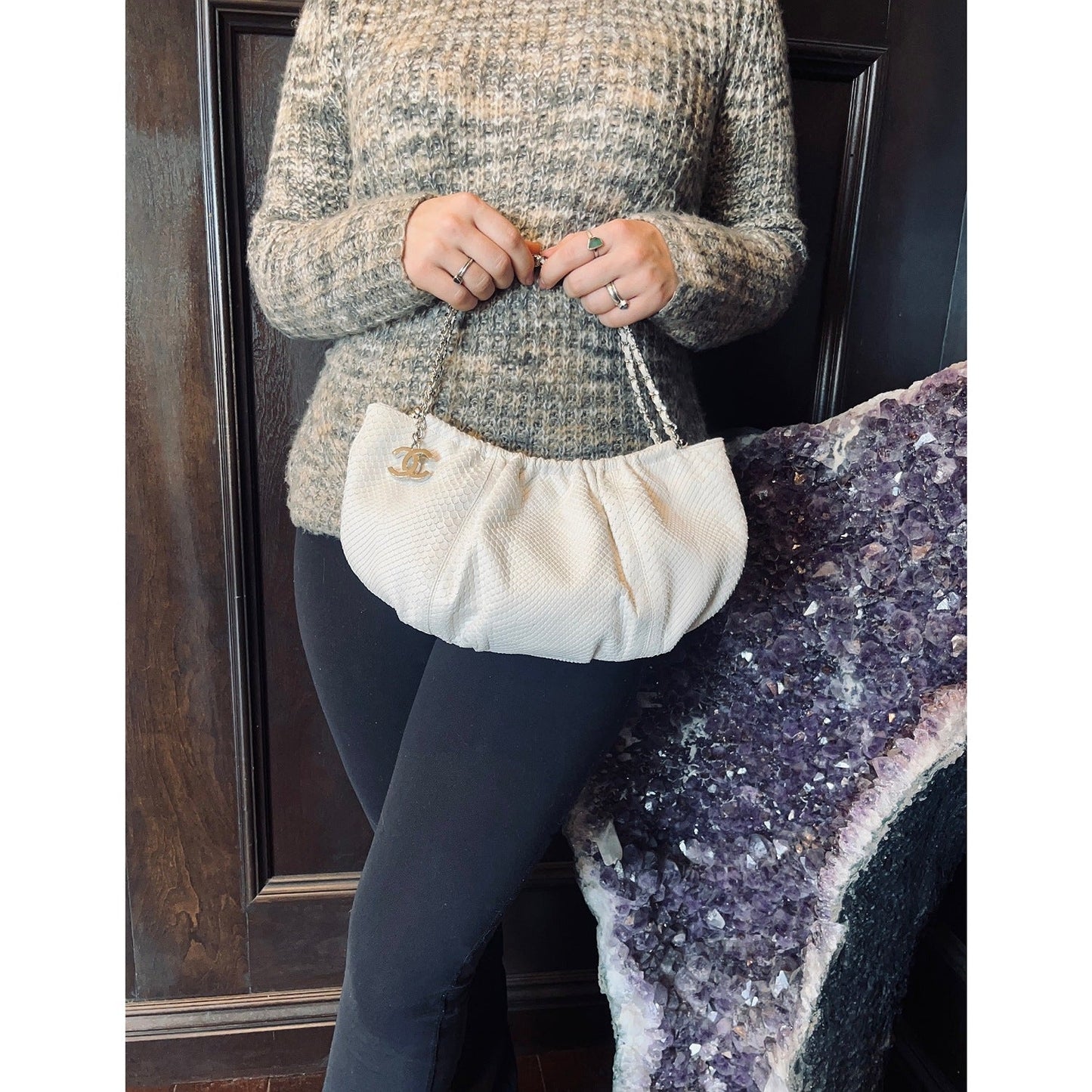 Chanel Vintage White Python CC Chain Hobo Bag