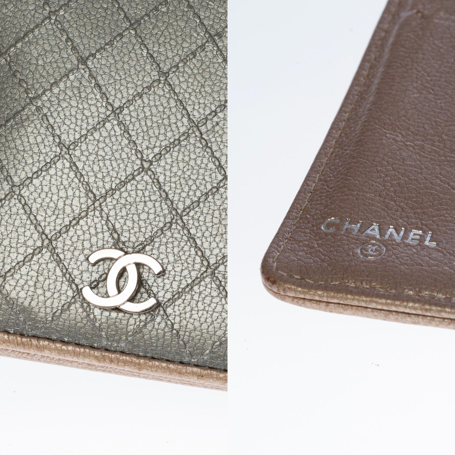 CHANEL Flap Wallet in Metallic Silver lambskin leather and Gold-tone interior