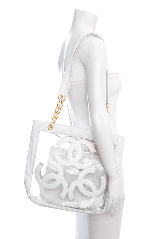 Chanel Vintage White PVC Panel Triple CC Shoulder Tote