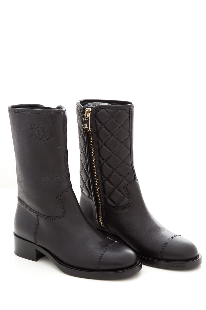 Chanel Black Quilted CC Lambskin Boots SZ 36.5