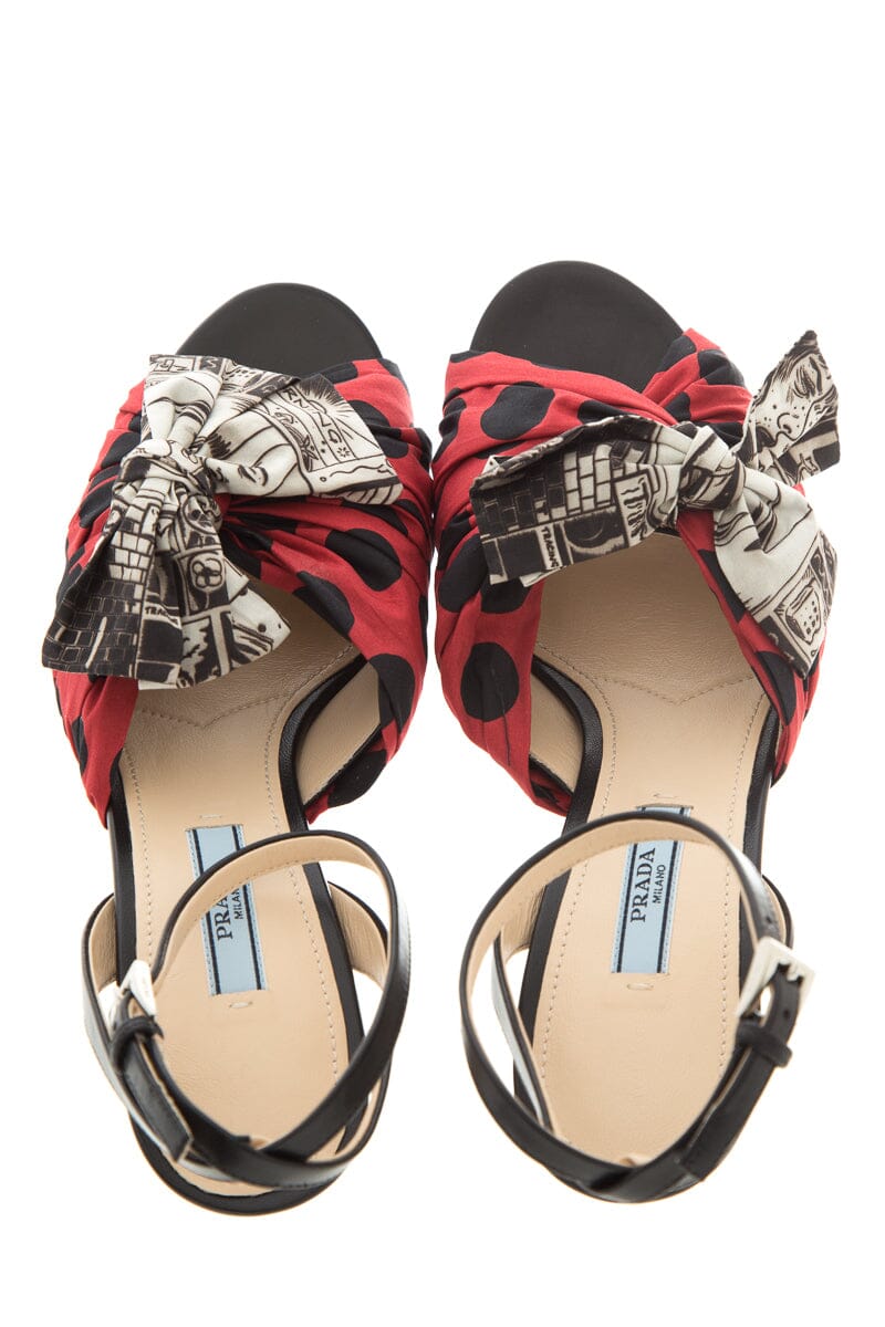 Prada Multi Cartoon Print Satin Bow Tie Detail Heels SZ 38.5