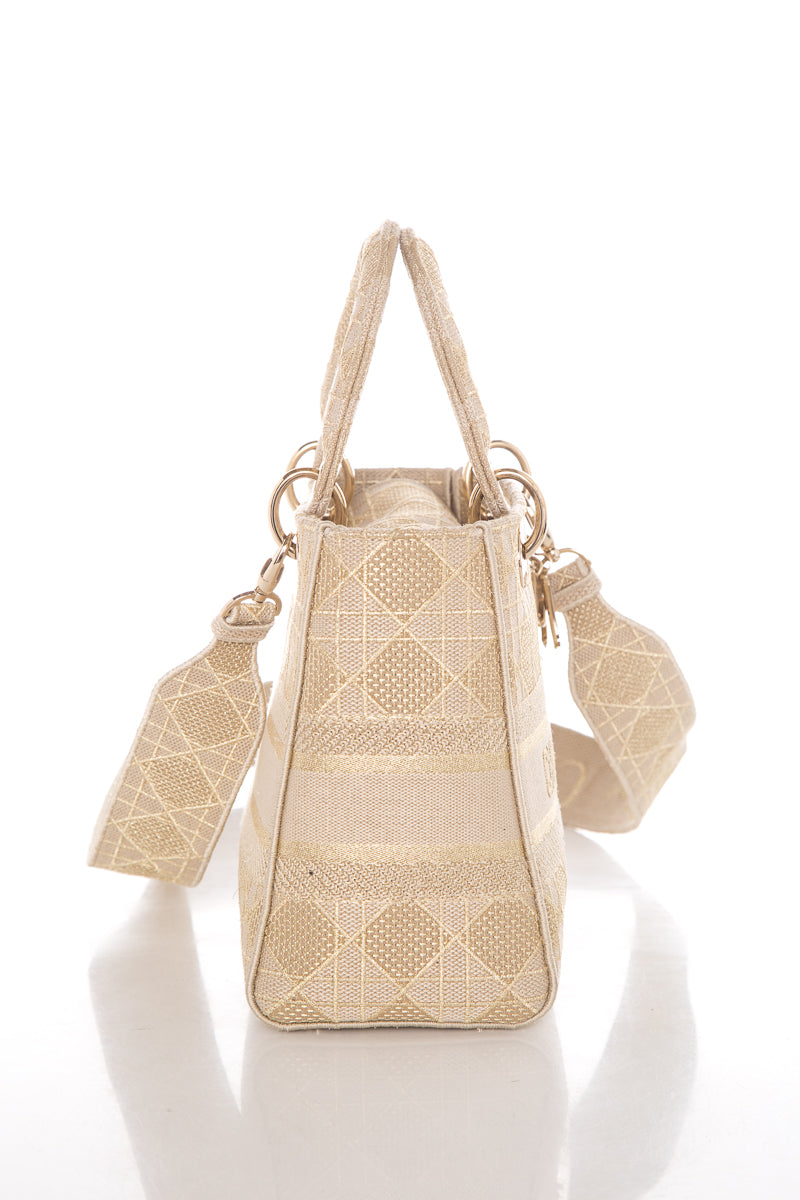 Christian Dior Tan & Gold Lady Dior Knit Handbag