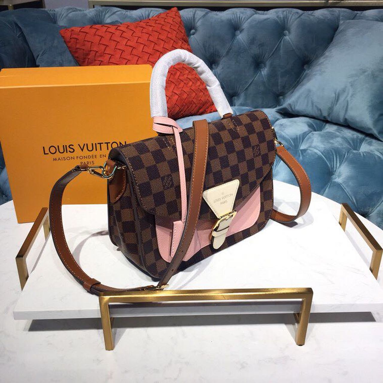 LV Beaumarchais Damier Ebene Canvas Venus Pink For Women, Womenâ€™s Handbags, Shoulder And Crossbody Bags 9.8in/25cm LV N40147