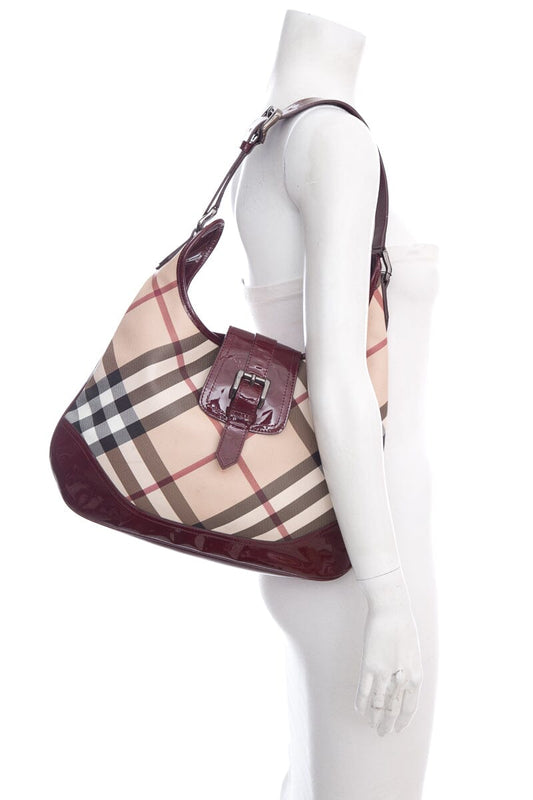 Burberry Burgundy Patent Leather Trim Plaid Handbag