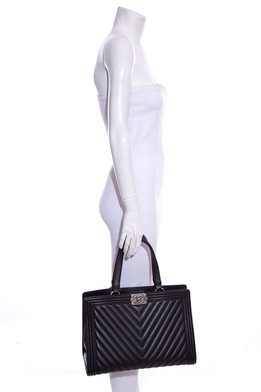 Chanel 2014/2015 "Boy Shopper" 30cm Black  Chevron Leather Tote W/ Palladium HW