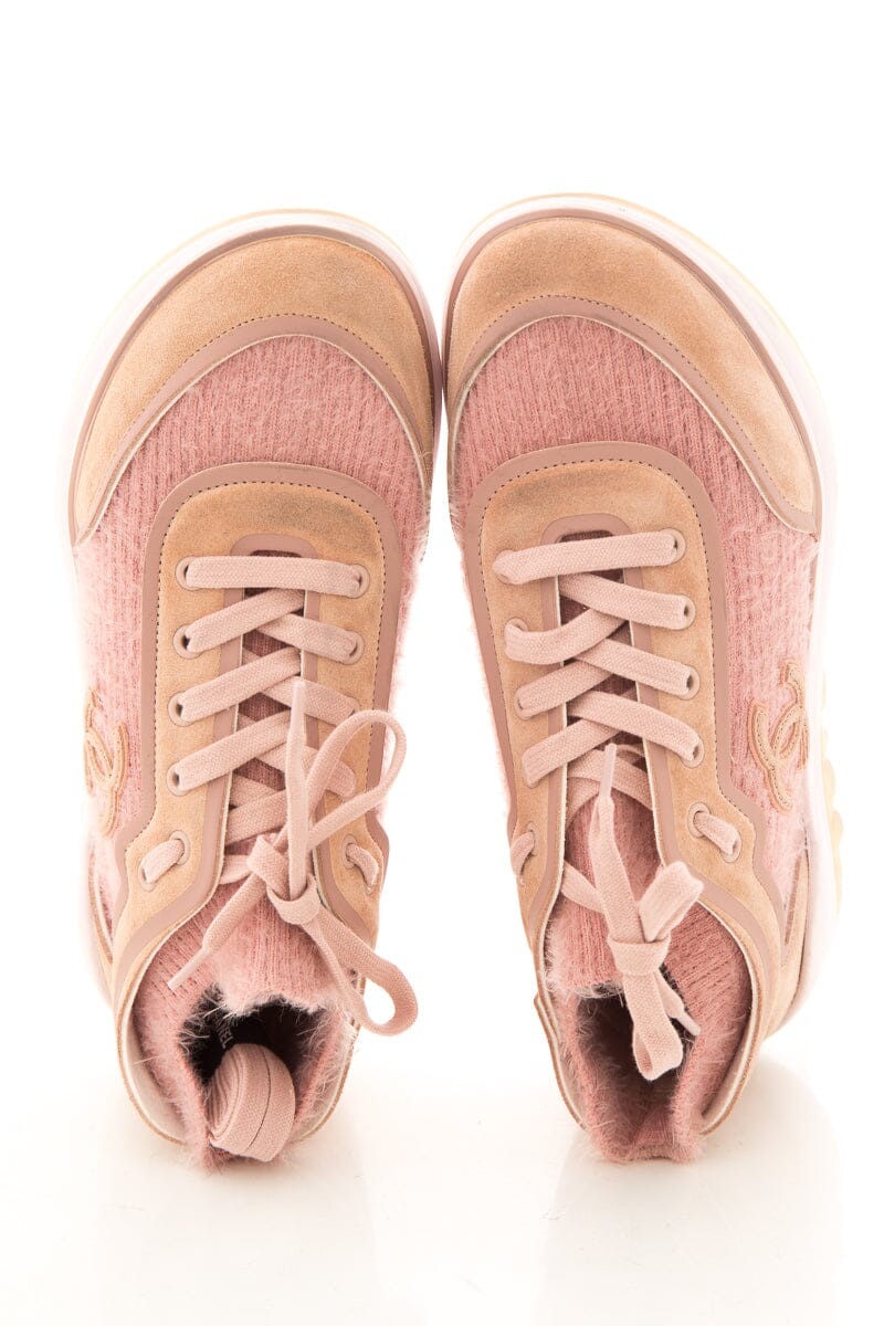 Chanel Pink Knit Fabric & CalfSkin Sneakers SZ 39