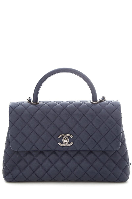 2016 Chanel Coco Top-Handle Navy Quilted Caviar Leather Handbag