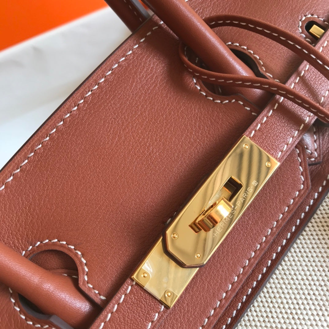 HM Birkin Bag Toile and Brown Barenia with Gold Hardware For Women, Handbags, Shoulder Bags 30cm/12in