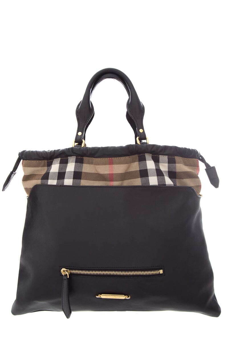 Burberry House Check Big Crush Black Leather Tote Bag