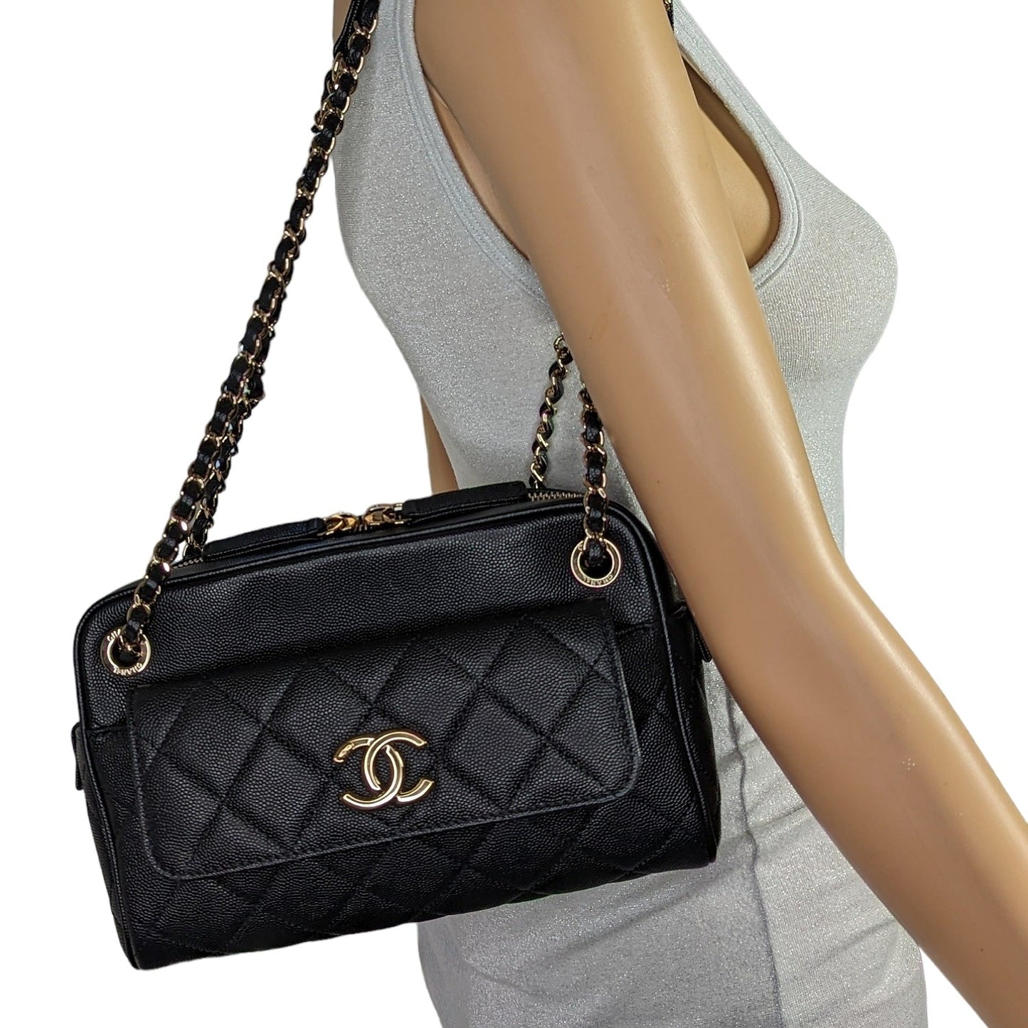 Chanel Black Caviar Quilted Small In & Out Camera Case