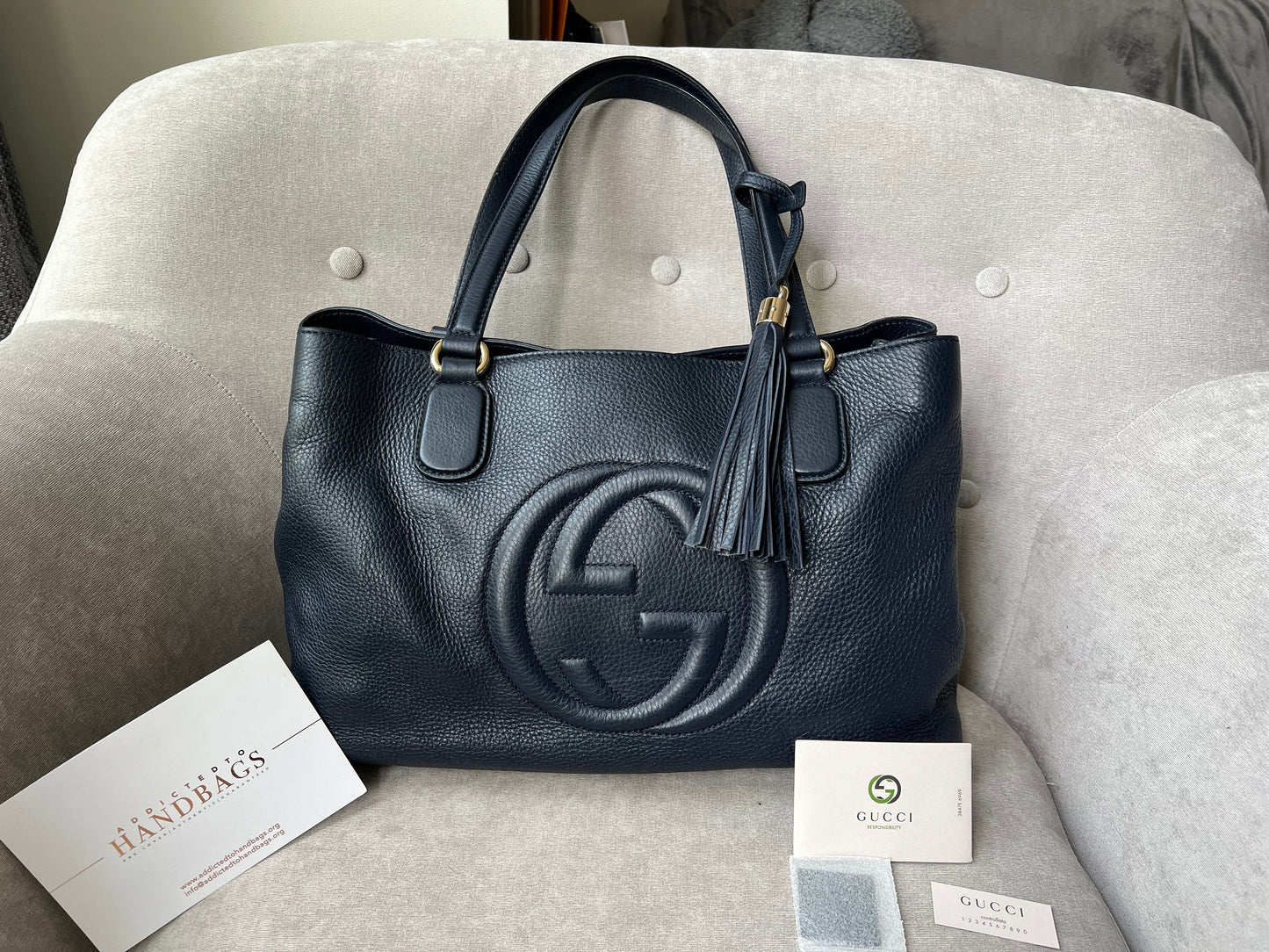 Gucci Soho Working Tote in Navy Blue Pebbled Calfskin