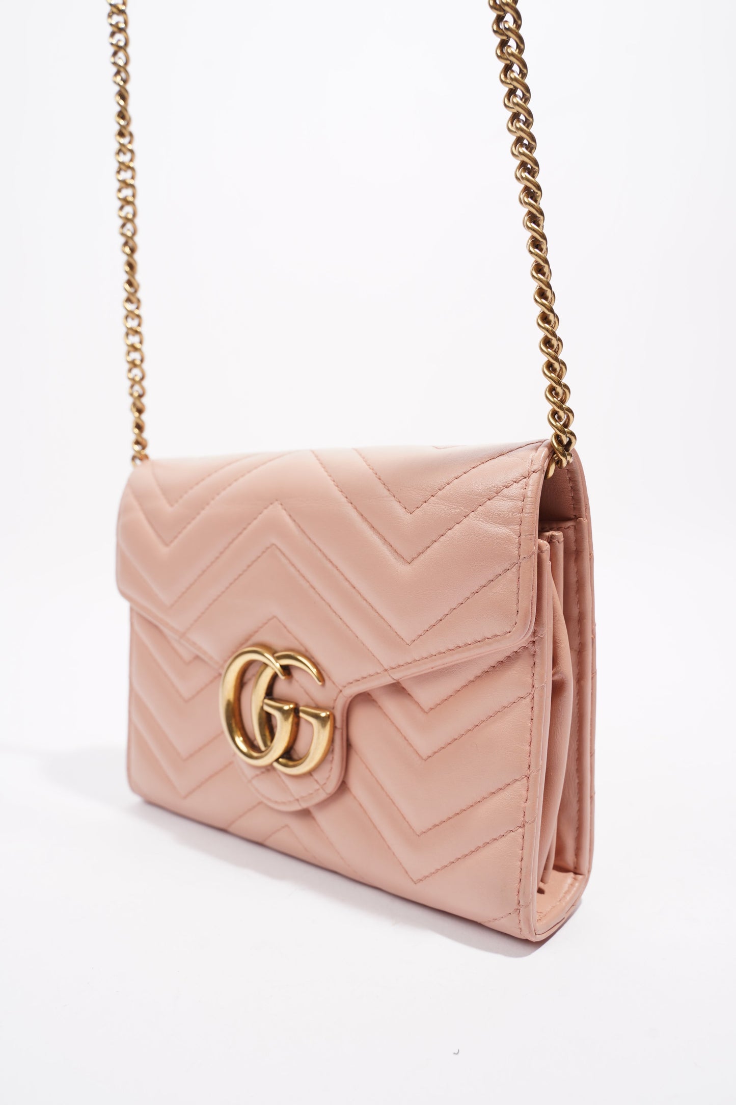 Gucci GG Marmont Chain Wallet Mini Pink / Blush Matelasse Leather