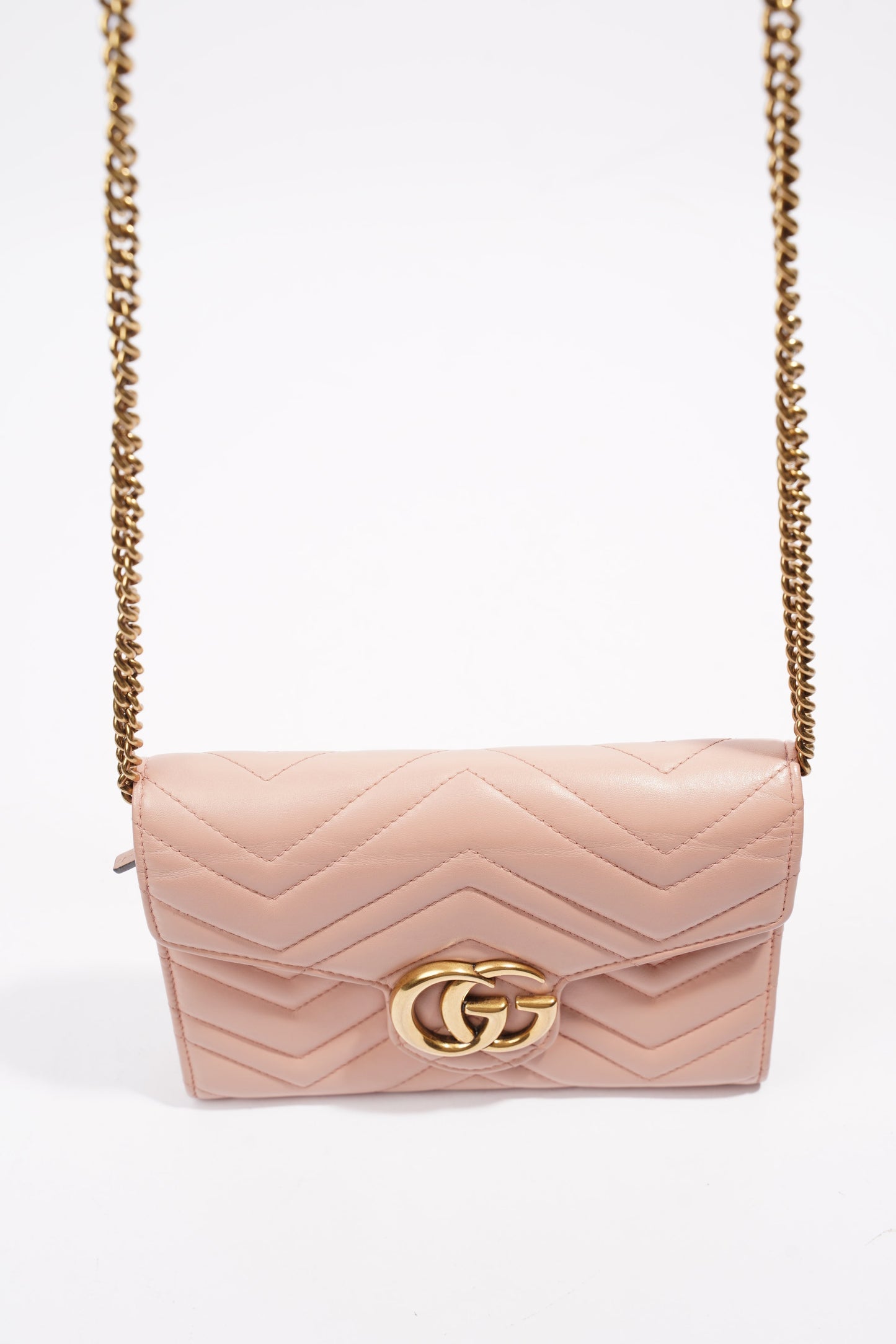 Gucci GG Marmont Chain Wallet Mini Pink / Blush Matelasse Leather