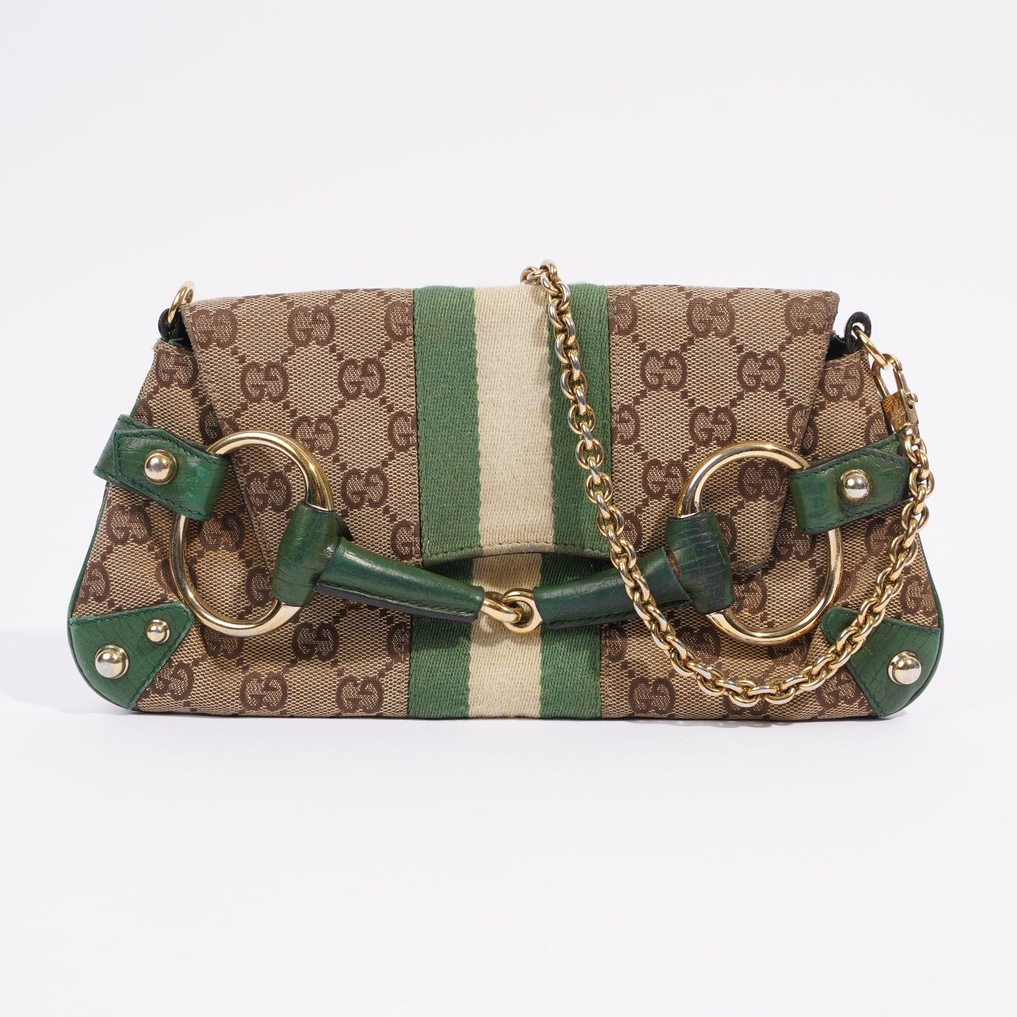 Gucci GG Horsebit Chain Wallet GG Supreme / Green / White Coated Canvas