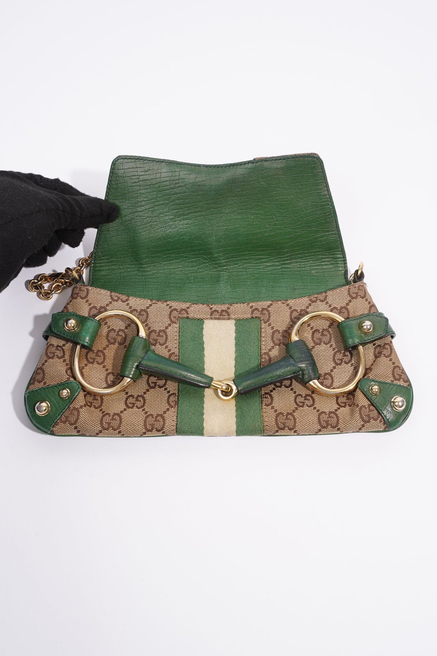 Gucci GG Horsebit Chain Wallet GG Supreme / Green / White Coated Canvas