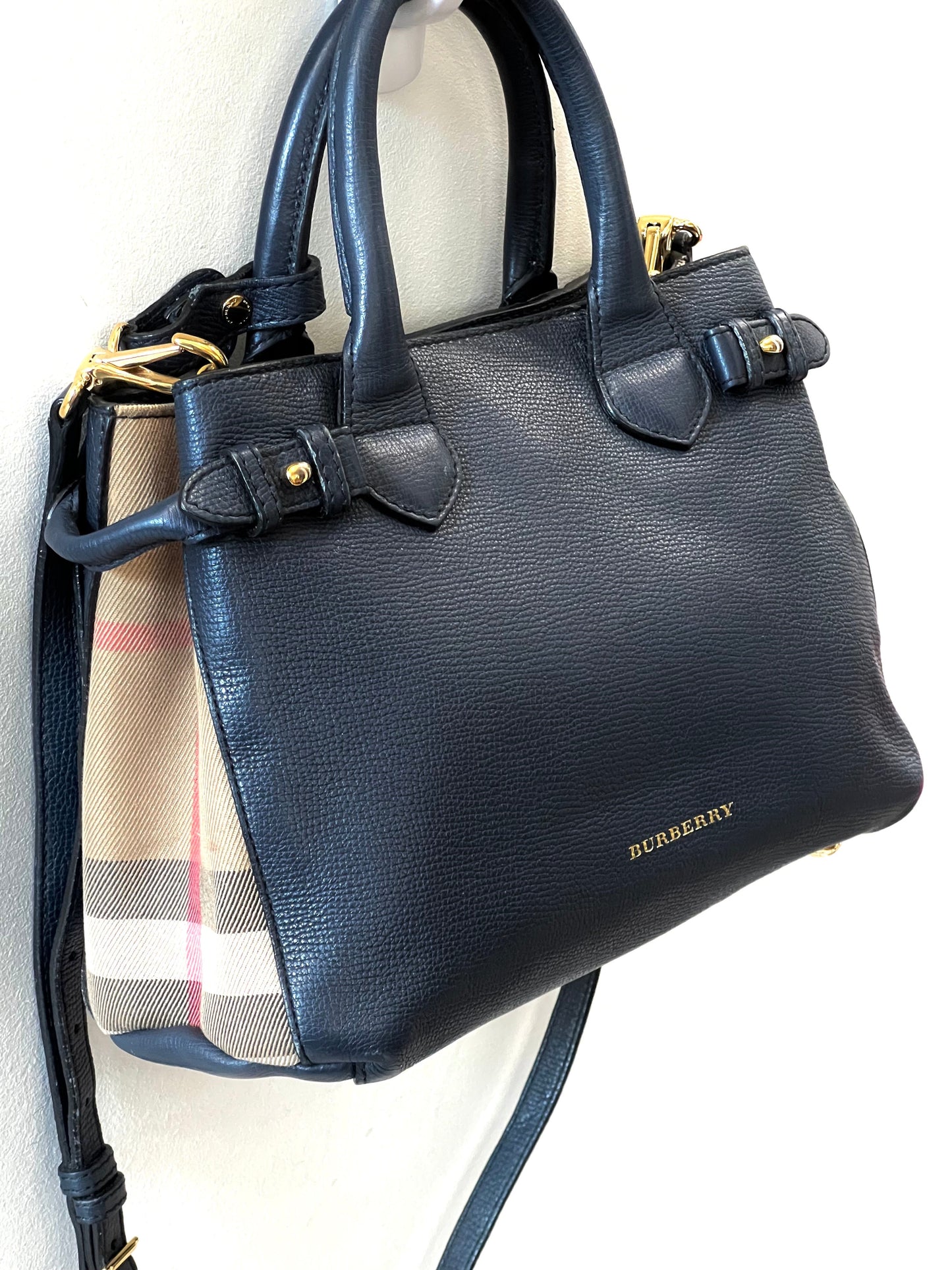 BURBERRY BANNER LEATHER & HOUSE CHECK TOTE BAG