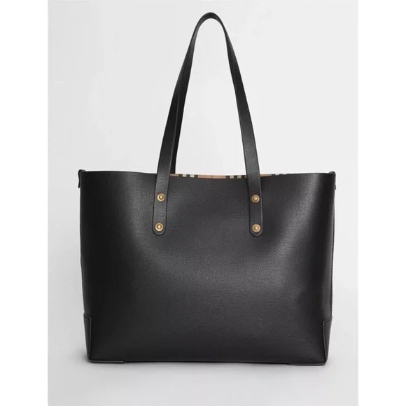 BURBERRY GRAINY LEATHER HAYMARKET CHECK TOTE BAG