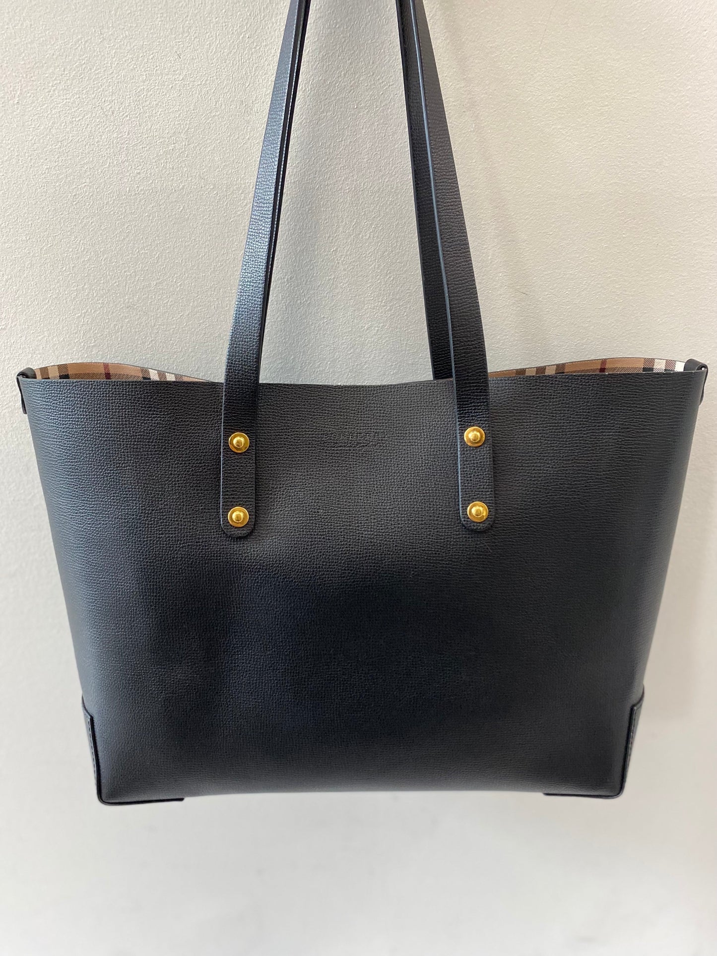 BURBERRY GRAINY LEATHER HAYMARKET CHECK TOTE BAG