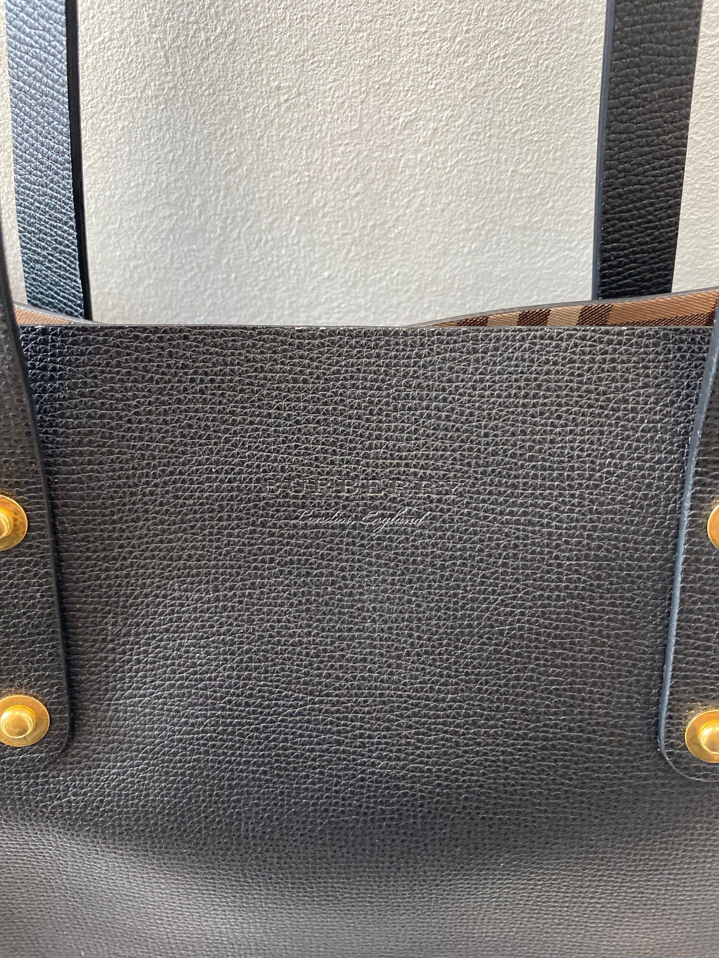 BURBERRY GRAINY LEATHER HAYMARKET CHECK TOTE BAG