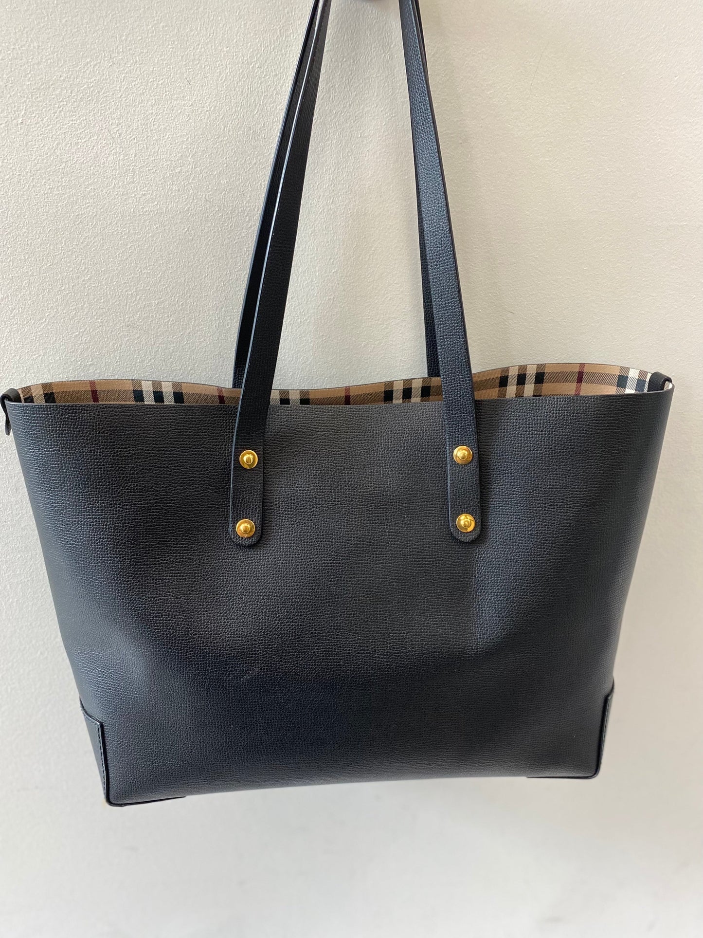 BURBERRY GRAINY LEATHER HAYMARKET CHECK TOTE BAG