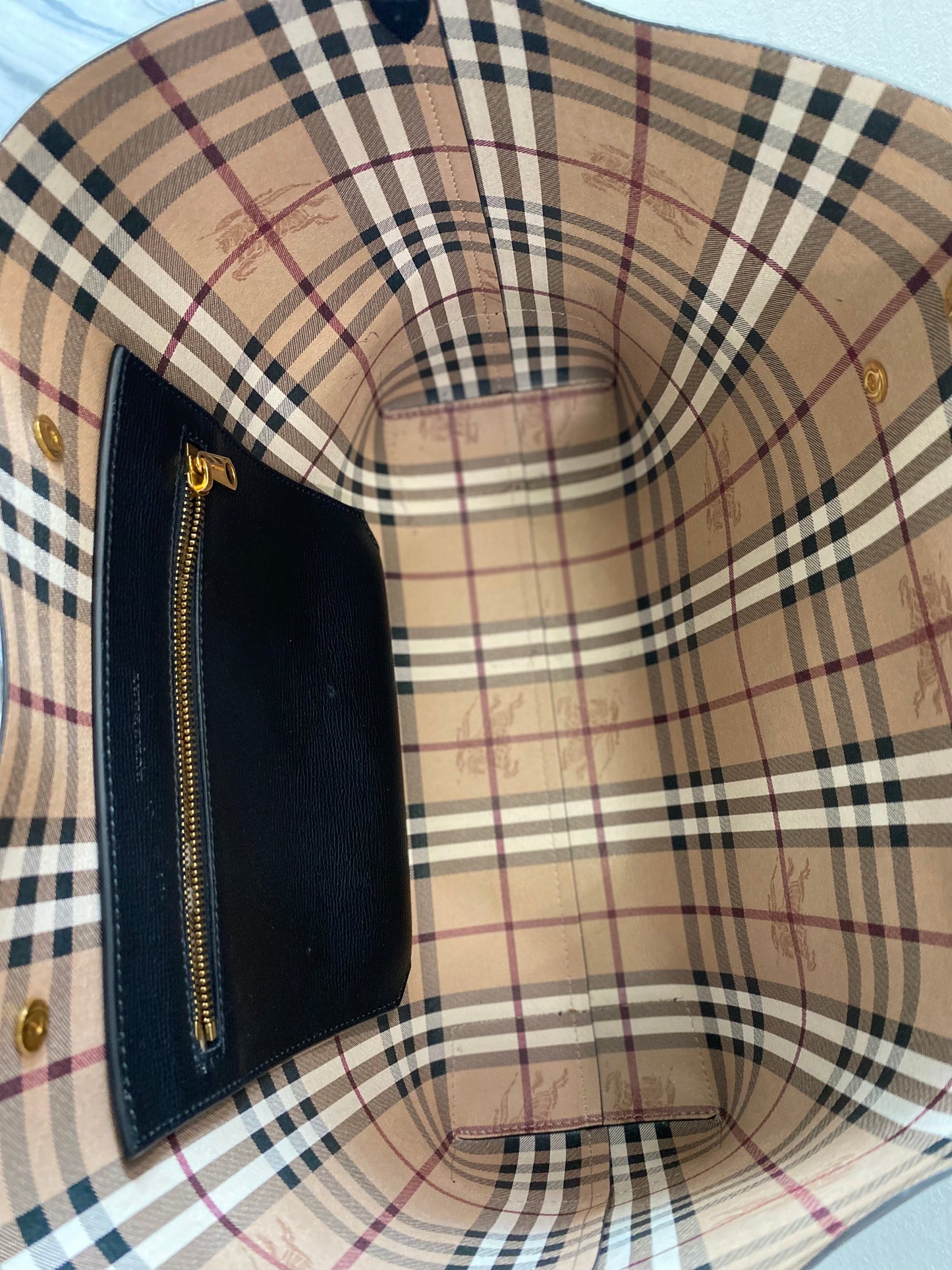 BURBERRY GRAINY LEATHER HAYMARKET CHECK TOTE BAG