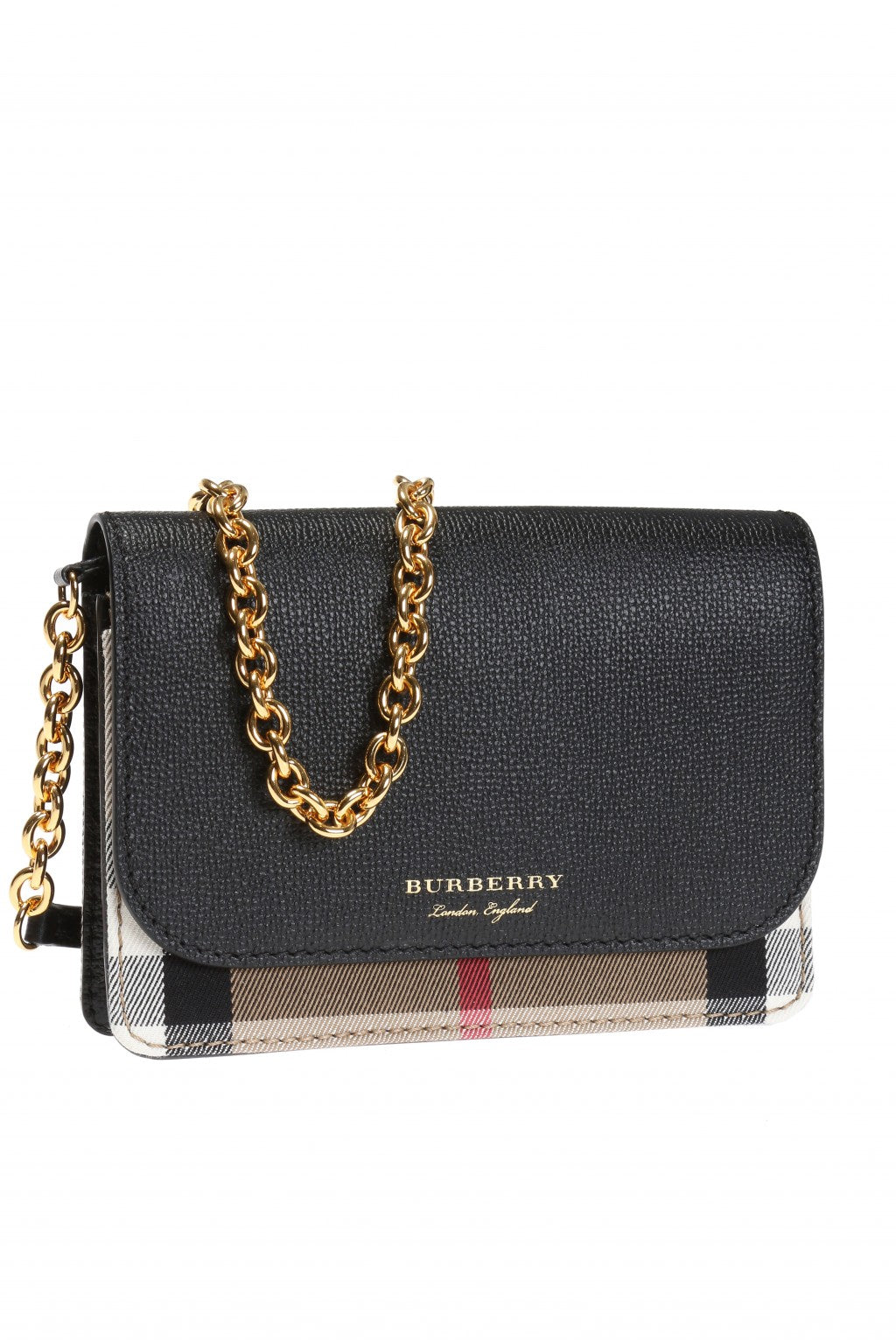 BURBERRY GRAINED CALFSKIN HOUSE CHECK HAMPSHIRE WALLET ON CHAIN