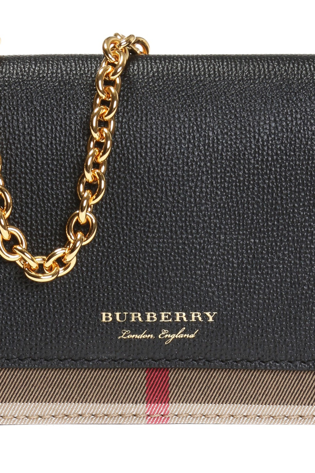 BURBERRY GRAINED CALFSKIN HOUSE CHECK HAMPSHIRE WALLET ON CHAIN