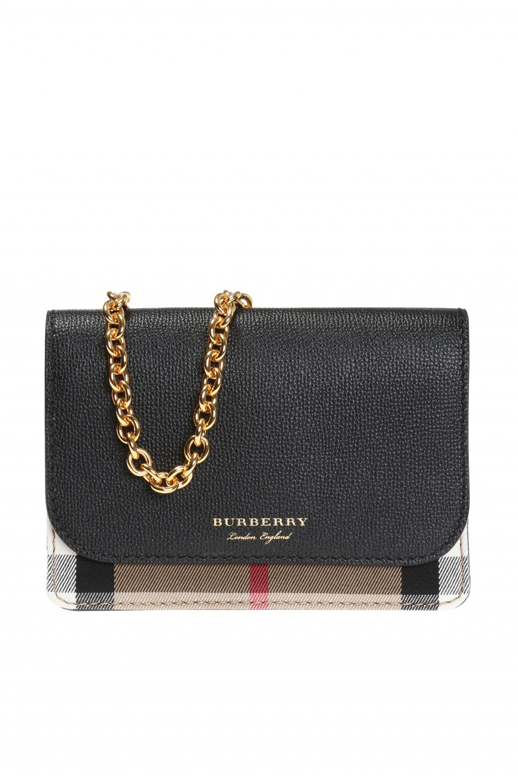 BURBERRY GRAINED CALFSKIN HOUSE CHECK HAMPSHIRE WALLET ON CHAIN