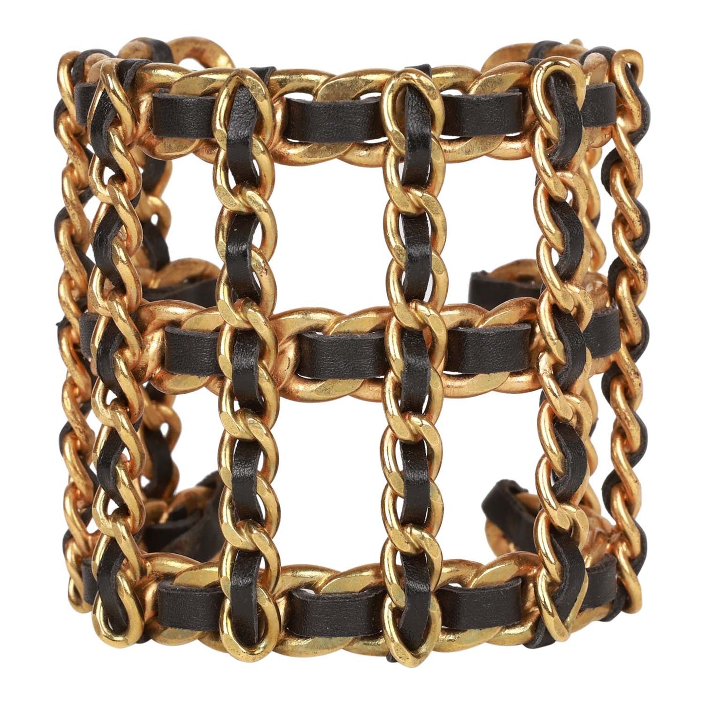 Vintage Chanel Gold Chain and Black Leather Cuff Bracelet