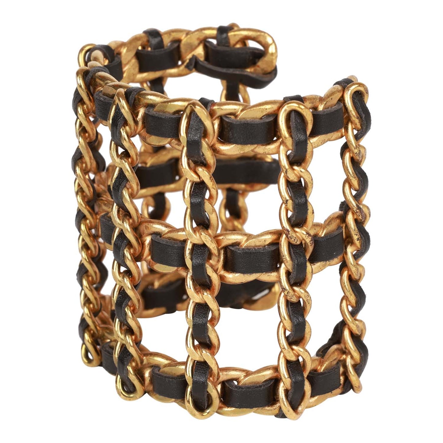 Vintage Chanel Gold Chain and Black Leather Cuff Bracelet