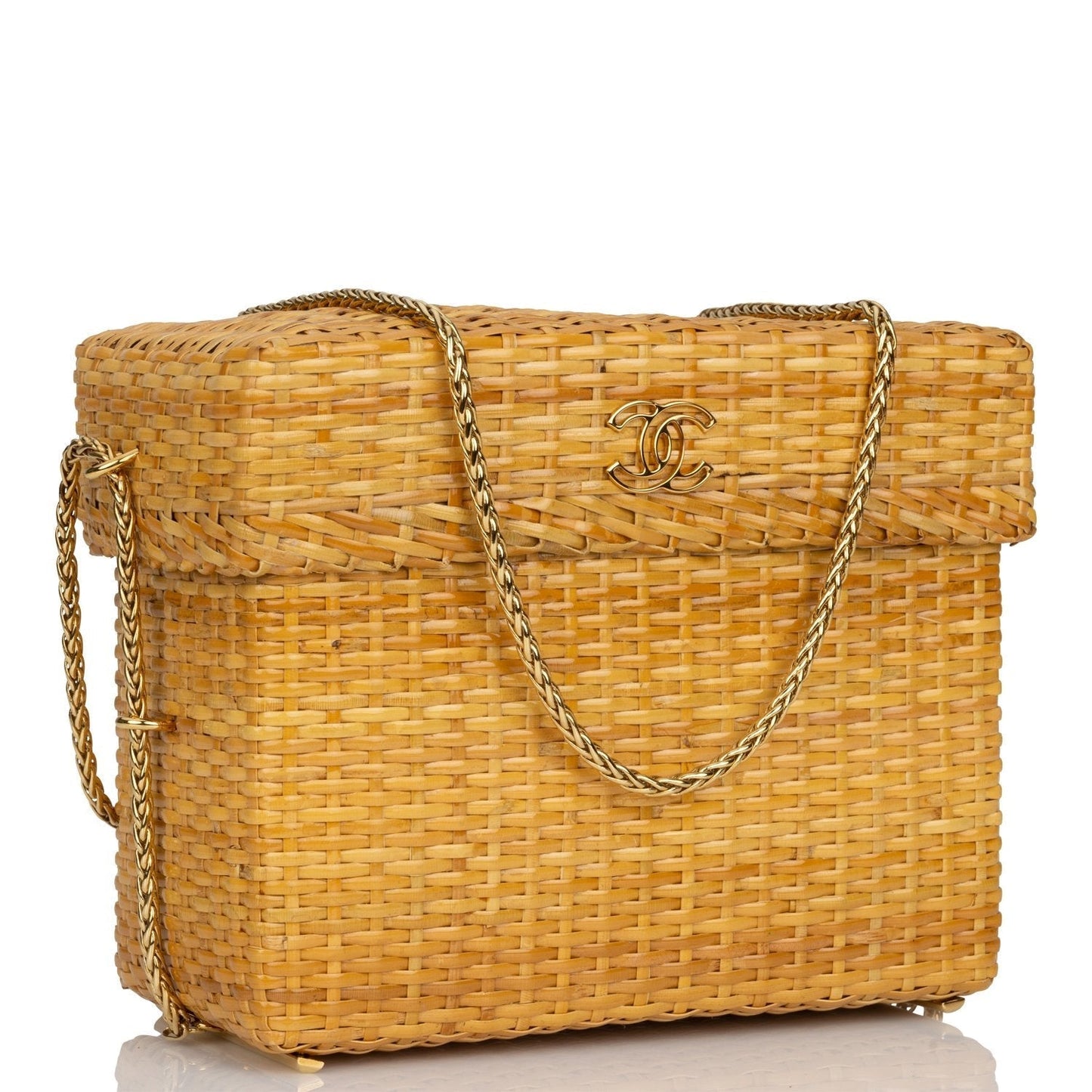 Vintage Chanel Small Picnic Basket Bag Natural Wicker Gold Hardware