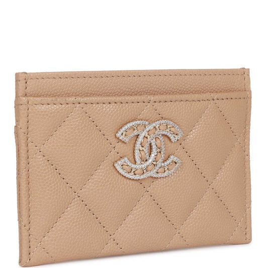 Chanel Card Holder Wallet Beige Caviar Crystal and Light Gold Hardware