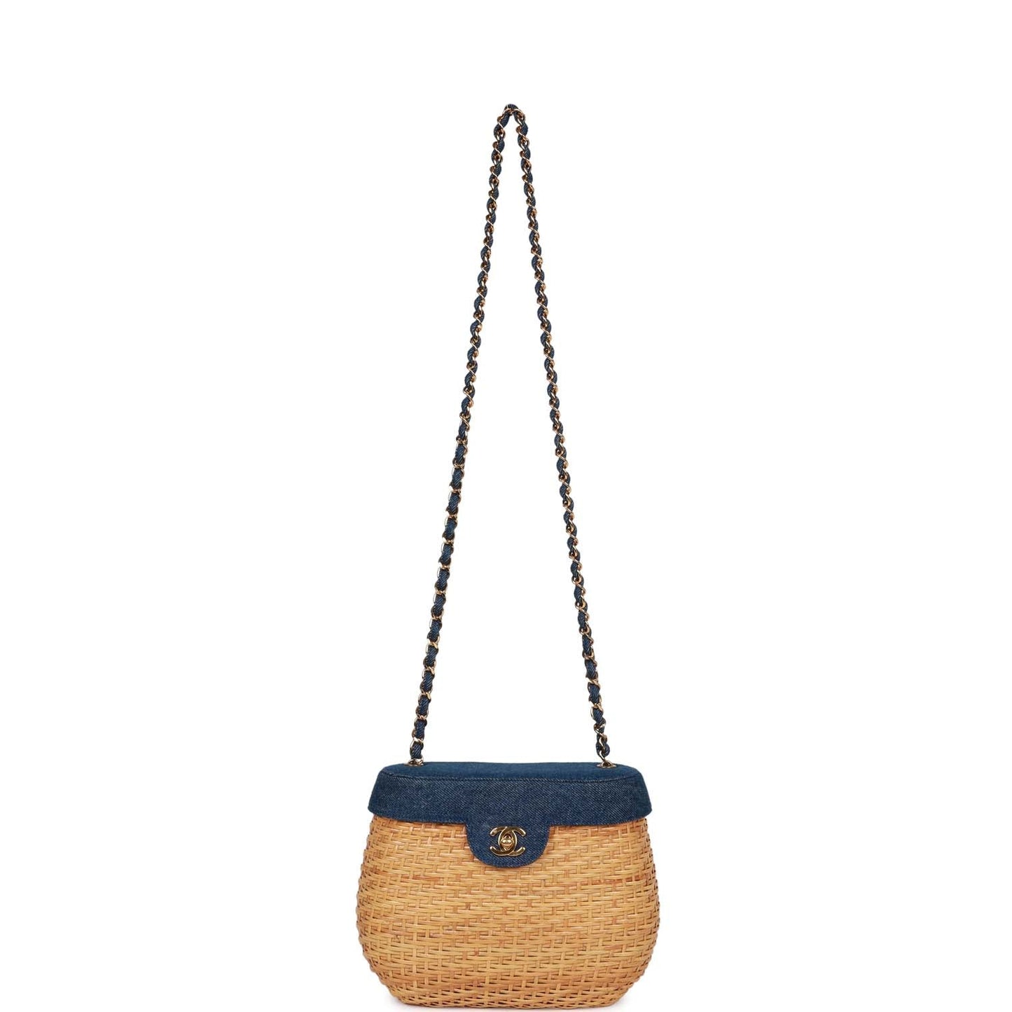 Vintage Chanel Basket Bag Denim and Rattan Wicker Gold Hardware