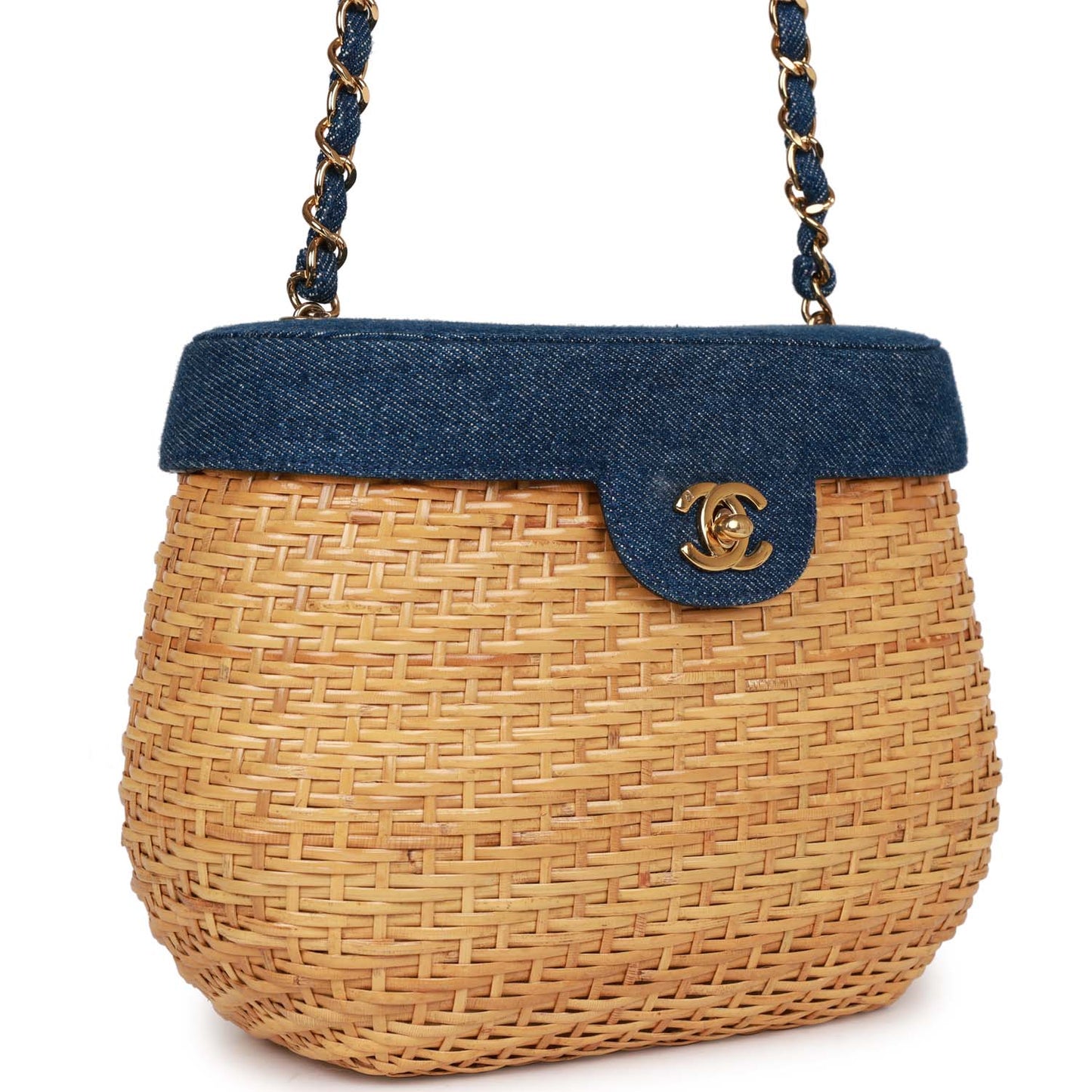 Vintage Chanel Basket Bag Denim and Rattan Wicker Gold Hardware