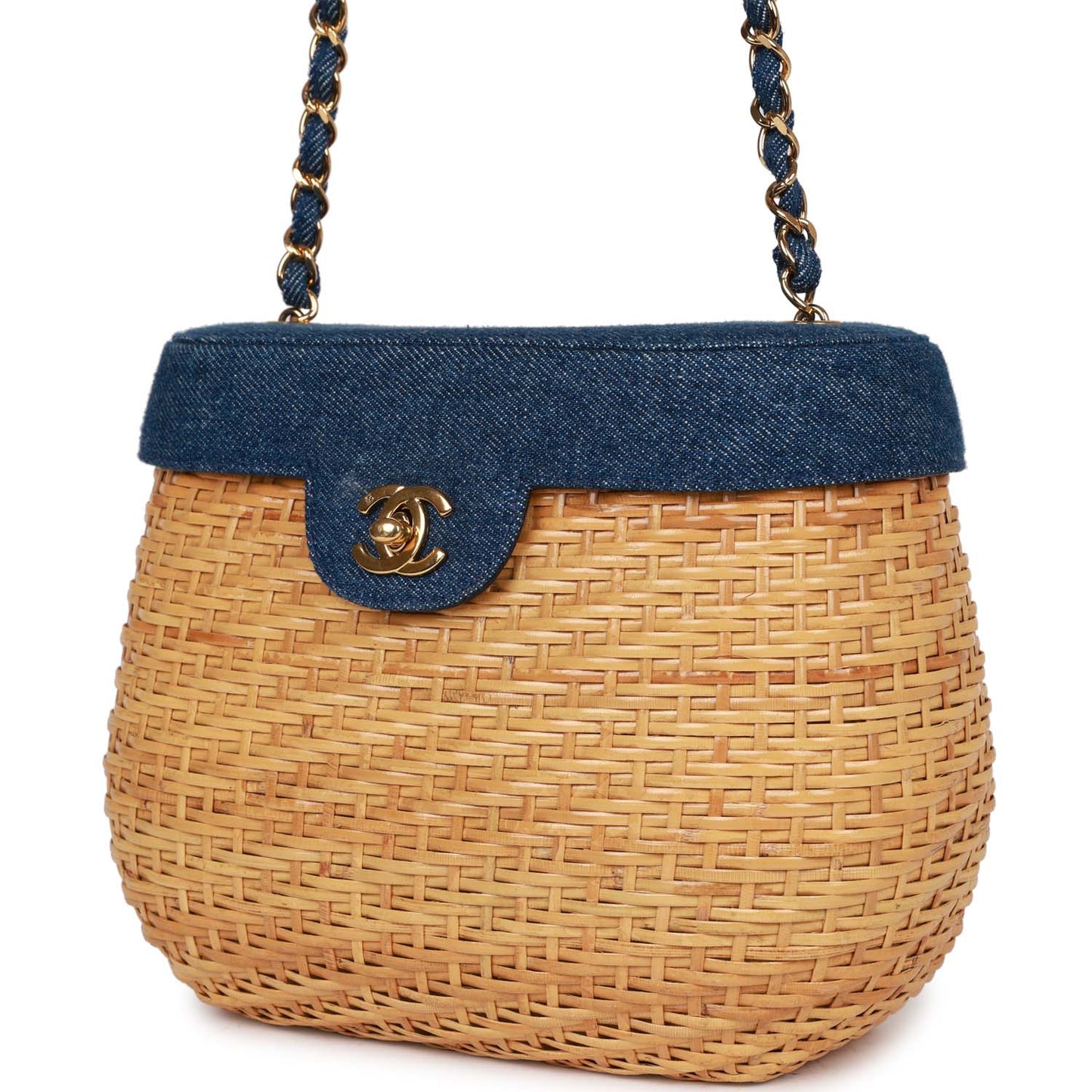 Vintage Chanel Basket Bag Denim and Rattan Wicker Gold Hardware