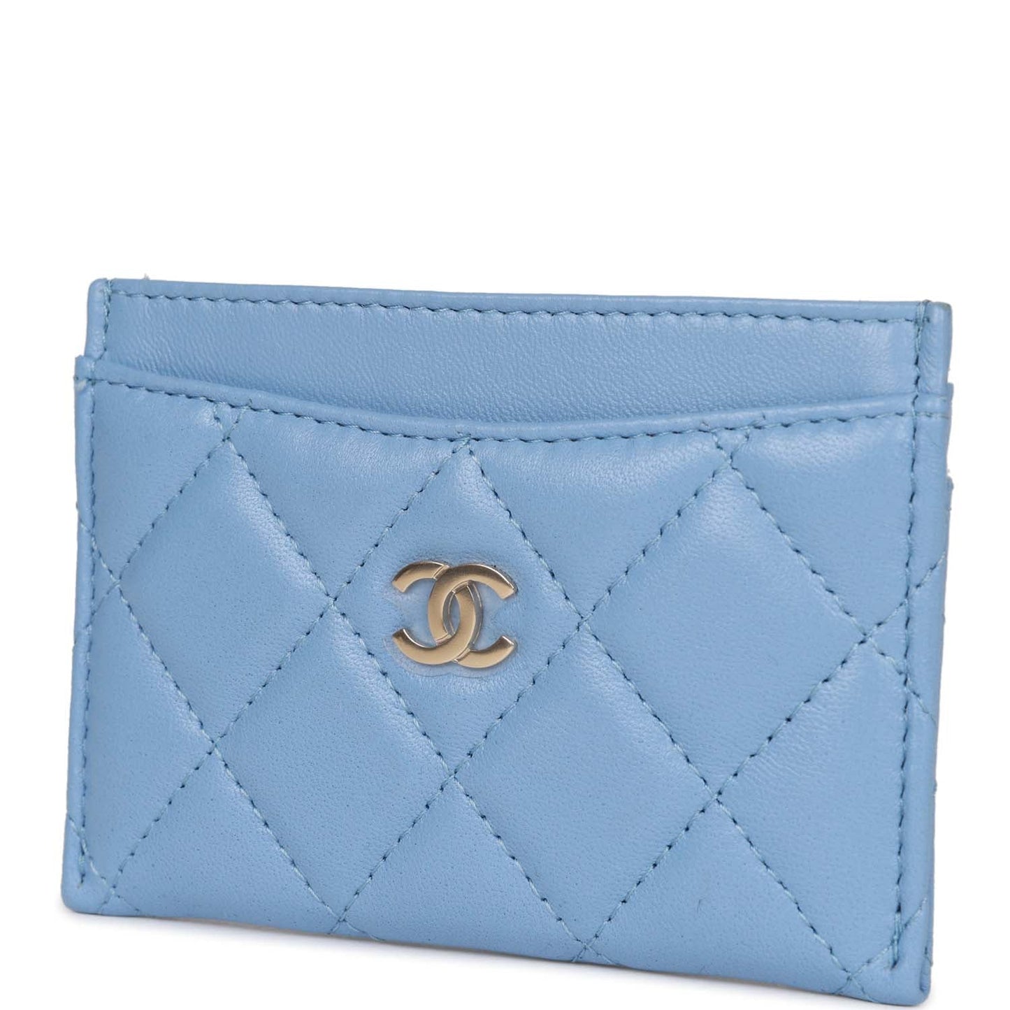 Chanel Flap Card Holder Wallet Blue Lambskin Light Gold Hardware