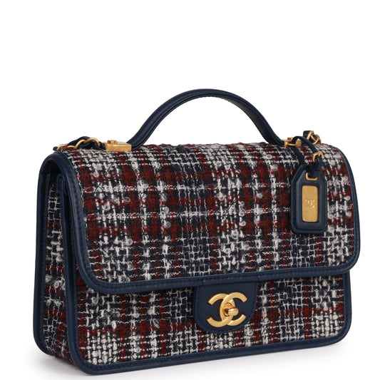 Pre-owned Chanel Medium School Memory Flap Bag with Top Handle Navy Multicolor Tweed Aged Gold Hardware