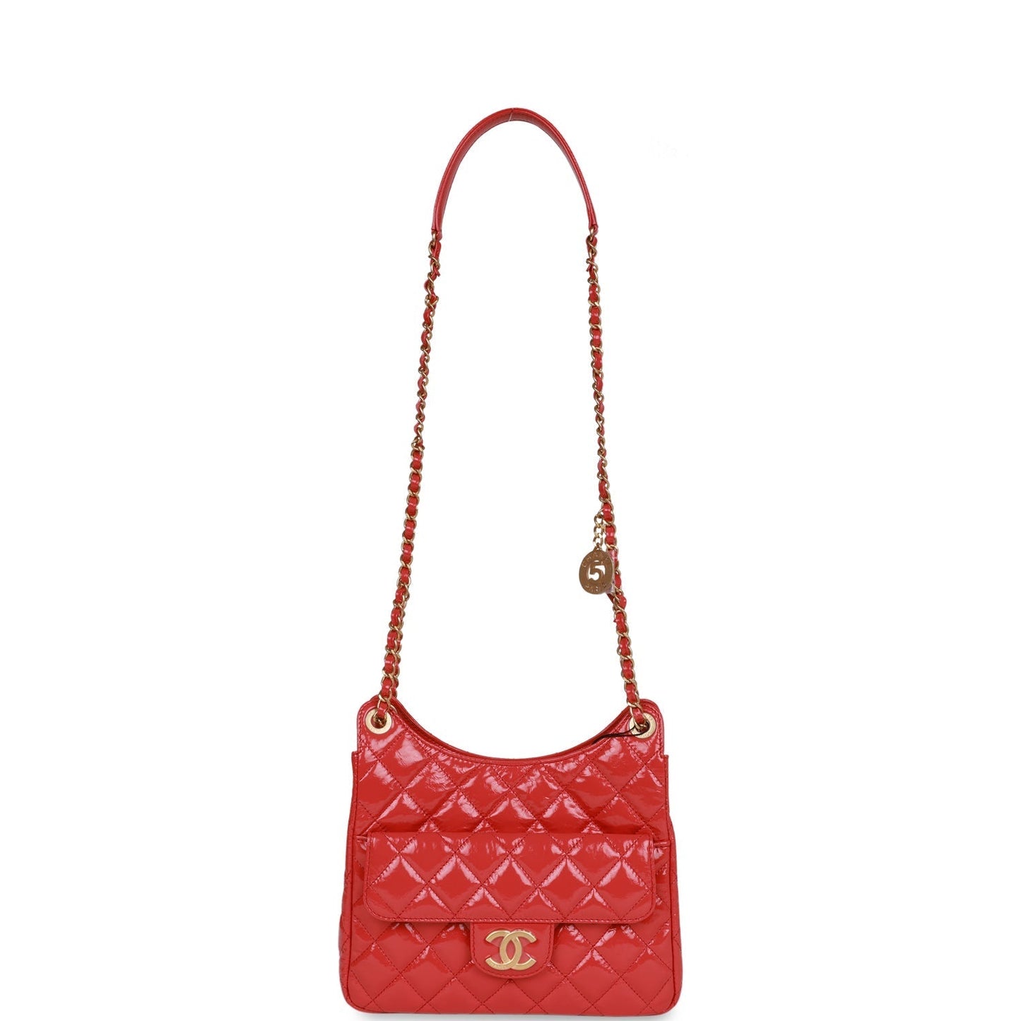 Chanel Quilted CC Hobo Bag Red Shiny Crumpled Calfskin Antique Gold Hardware