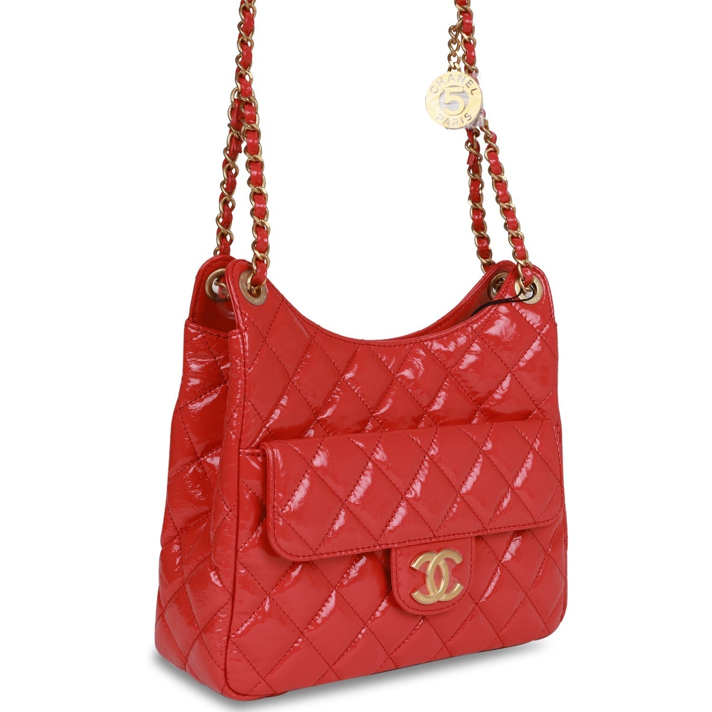 Chanel Quilted CC Hobo Bag Red Shiny Crumpled Calfskin Antique Gold Hardware