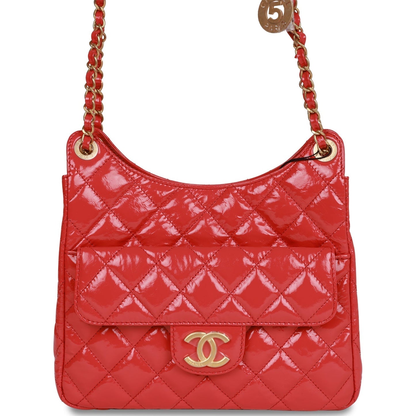 Chanel Quilted CC Hobo Bag Red Shiny Crumpled Calfskin Antique Gold Hardware