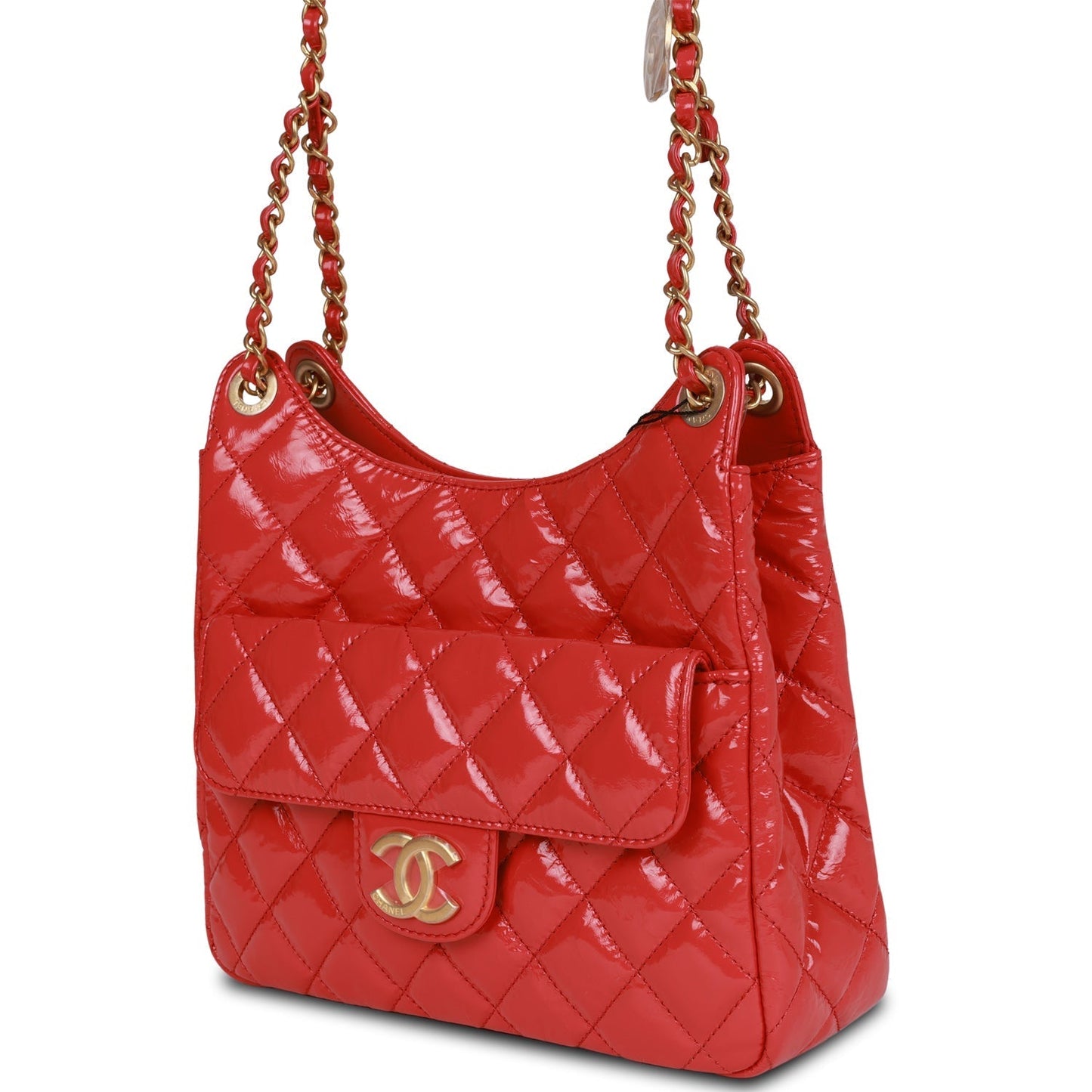 Chanel Quilted CC Hobo Bag Red Shiny Crumpled Calfskin Antique Gold Hardware